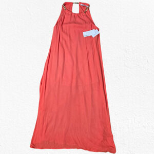 JustFab Coral Pink Boho Sleeveless Chain Halter Chiffon Maxi Dress Size Small